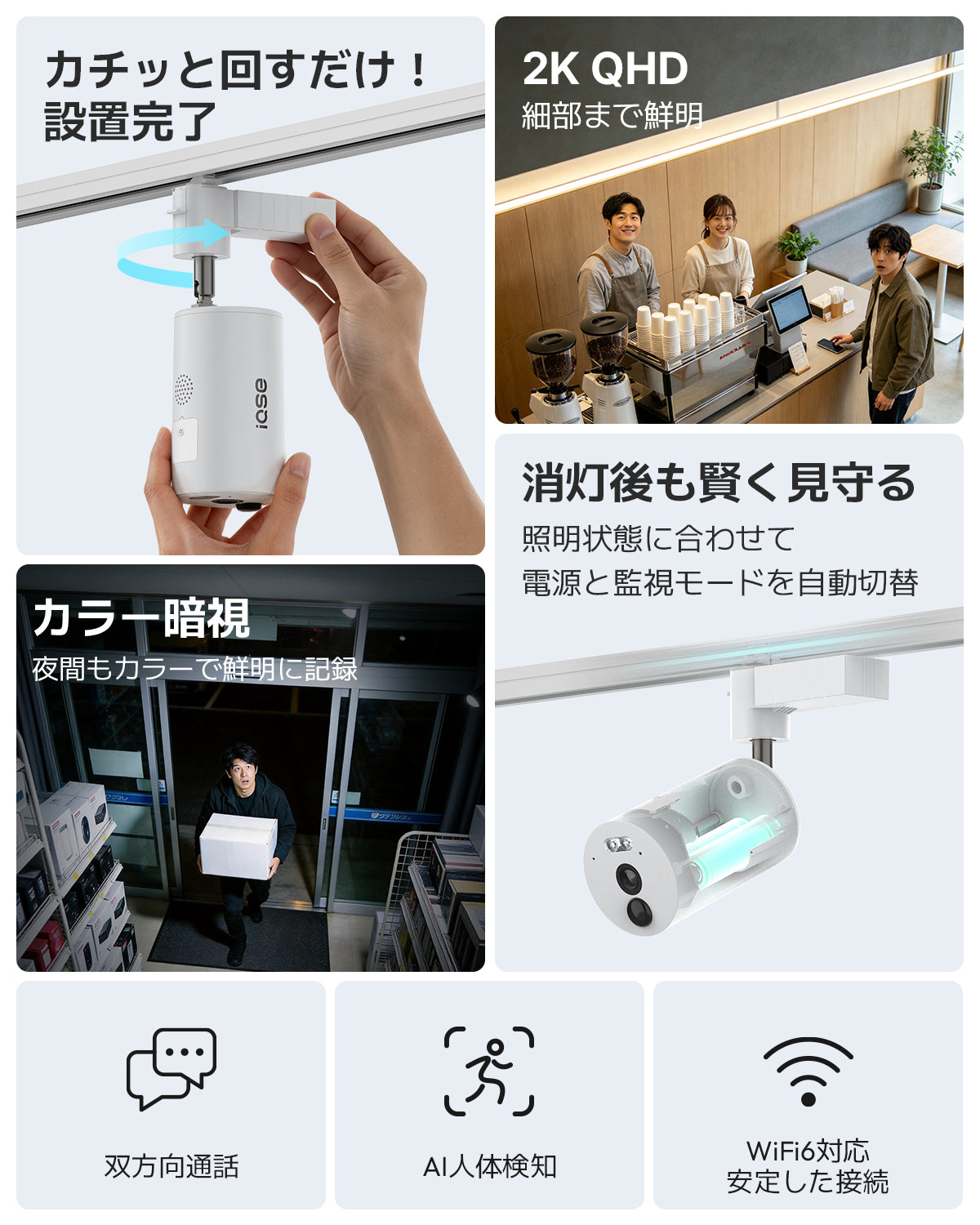 IQSE ダクトレール直付け防犯カメラセット｜10.1インチモニター一体型NVR付き